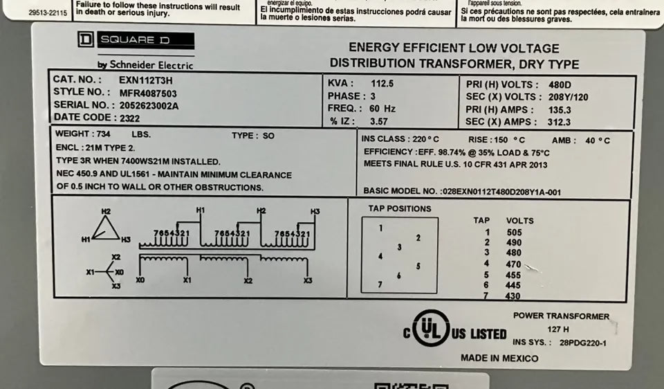 Square D 112.5 kVA Dry Type Distribution Transformer – 480V Primary – 208Y/120V Secondary – 3 Phase