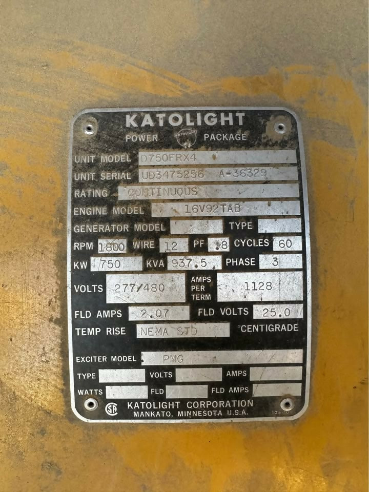 Detroit/Katolight 750KW Diesel Generator – V16 – 277/480V – 1800 RPM