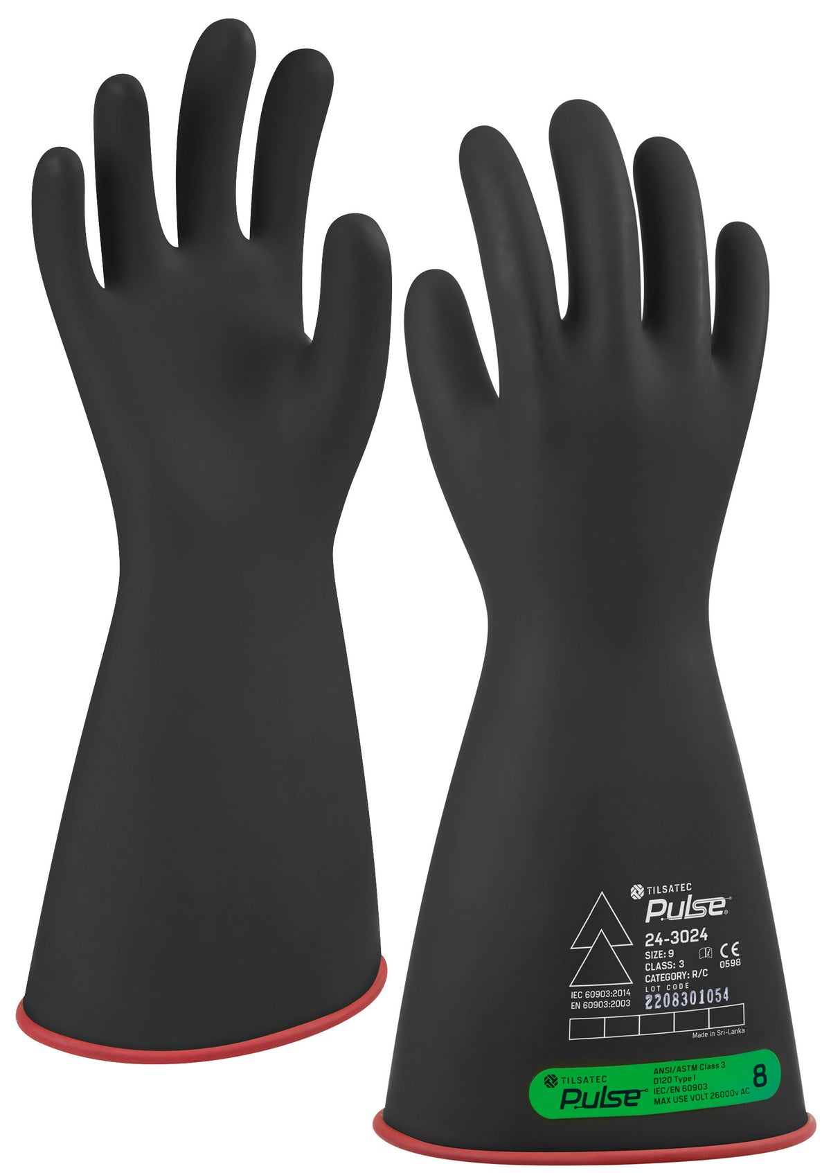 Tilsatec Pulse™ Class 3 Electrical Insulating Glove - Dual Black/Red, 14", Straight/Beaded Cuff, Size 8 (24-3024)
