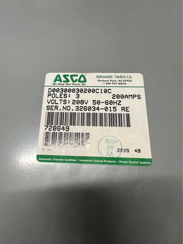 ASCO Series 300 Automatic Transfer Switch 200A 208V 3 Phase