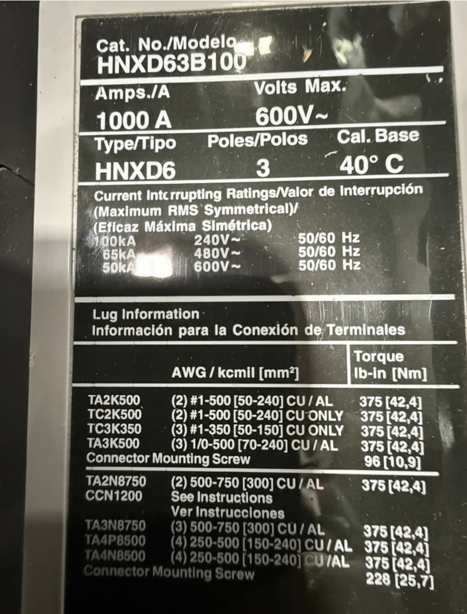 Siemens 1000A 3-phase switchboard, 415/240V with HNXD63B100 main and FXD63B150 branch breakers, new — Electrical Trader