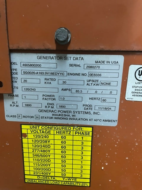 20kW Generac NG/LP Generator – Enclosed (Low Hours)