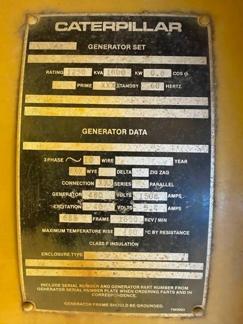 Caterpillar 3508 1000KW Diesel Generator – 480V – 449 Hours – Enclosed