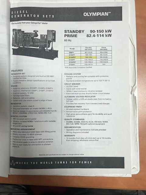 Caterpillar Olympian D100P2 100kW / 125 kVA portable diesel generator, multi-voltage, used (2002) — Electrical Trader