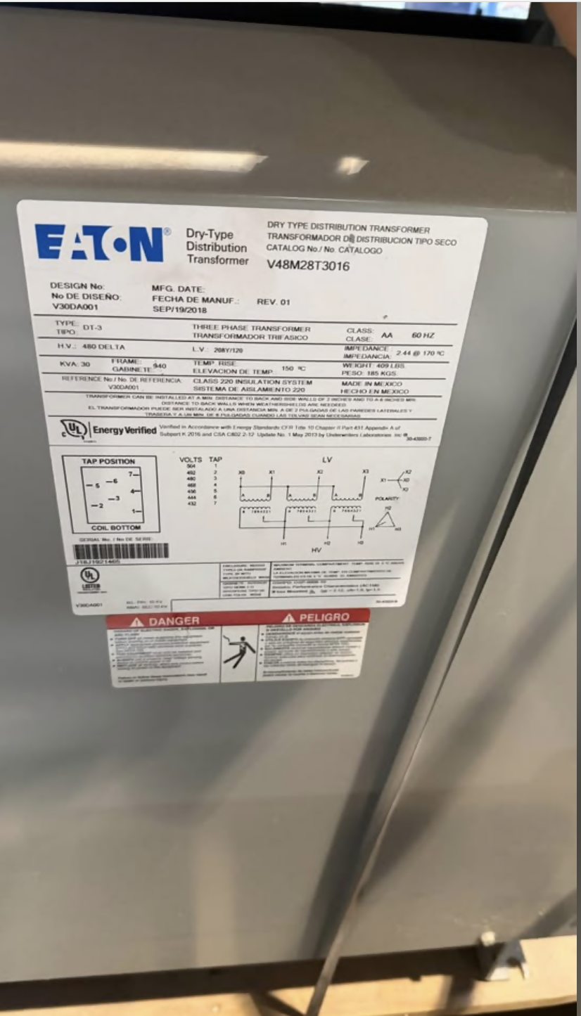 Eaton 30 kVA dry-type distribution transformer, 480V delta to 208Y/120V, used (2018) — Electrical Trader