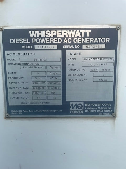 85kVA MQ Diesel Generator – John Deere Engine (2008, Tier 2)