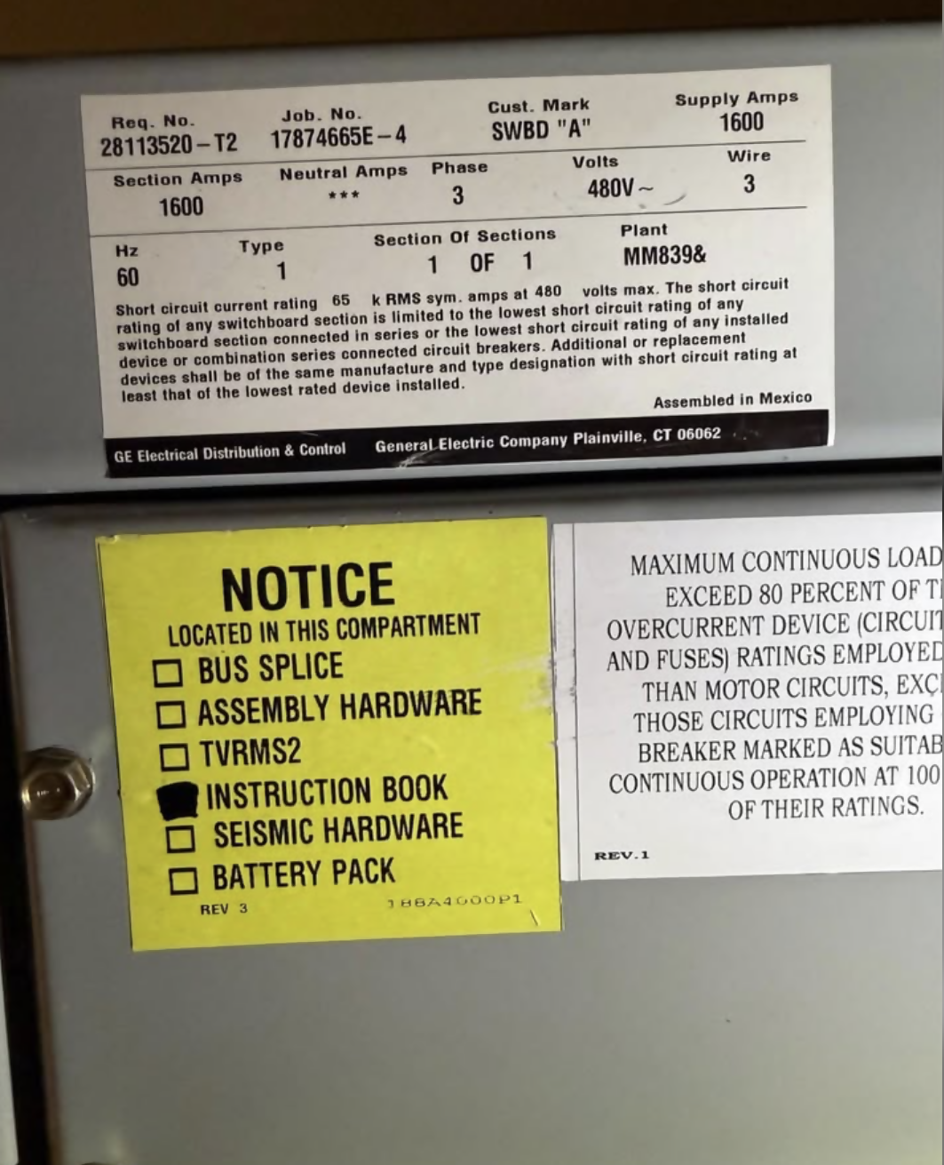 GE Spectra Series 1600A 480V 3-phase switchboard, 65kA SCCR indoor, used — Electrical Trader