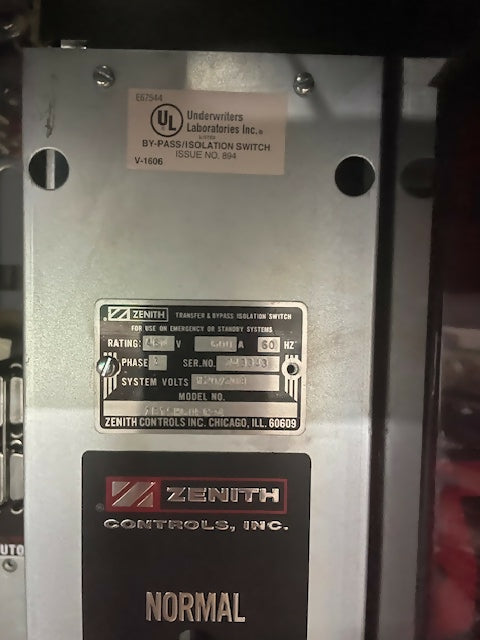 GE Zenith 800A Bypass Isolation Automatic Transfer Switch 480V 3 Phase ATS