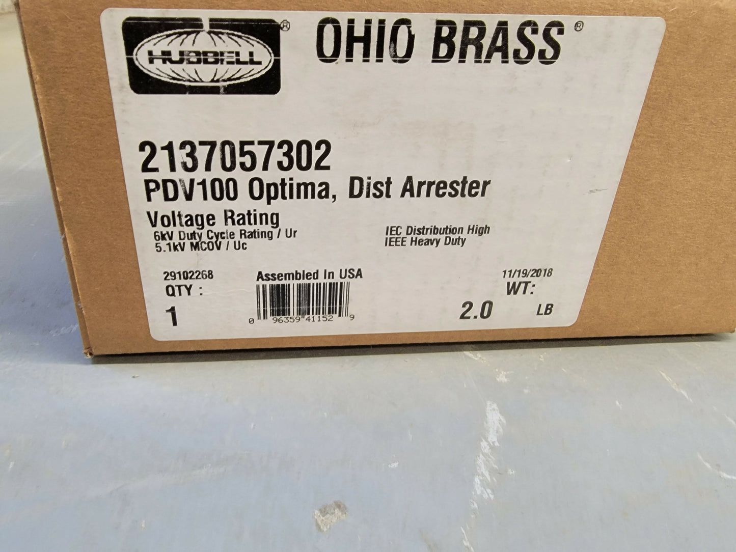 5KV Surge Arrester, Hubbell Optima PDV100, Part 2137057302, Distribution Class, New