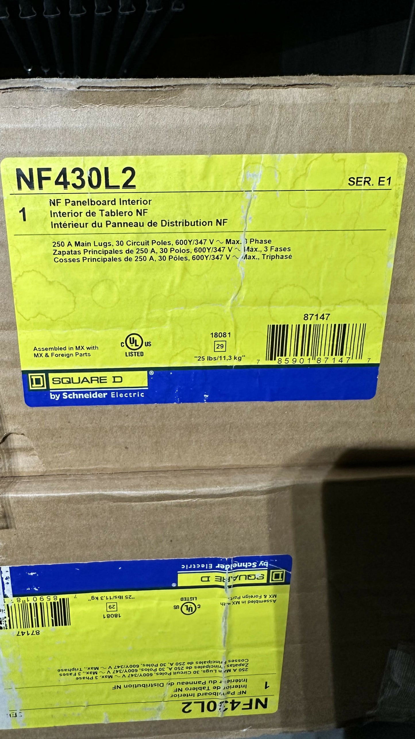 NF430L2 Panelboard interior, NF, main lugs, 250A, Al bus, 30 pole spaces, 3 phase, 4 wire, 600Y/347VAC max