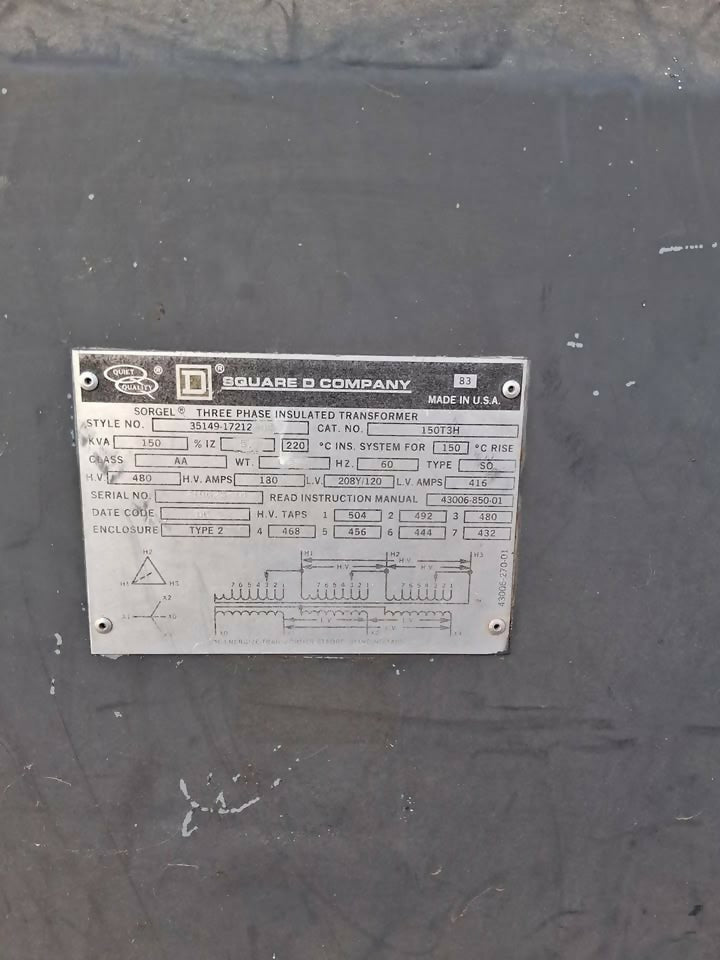 Square D 150 kVA 3-Phase Transformer 480V Delta to 208Y/120V