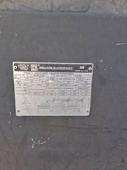 Square D 150 kVA 3-Phase Transformer 480V Delta to 208Y/120V