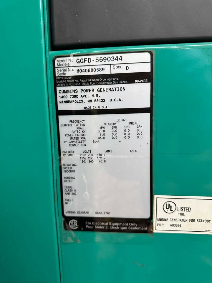 35kW Cummins Power Generation Generator – Ford Engine | NG/LP | Single Phase