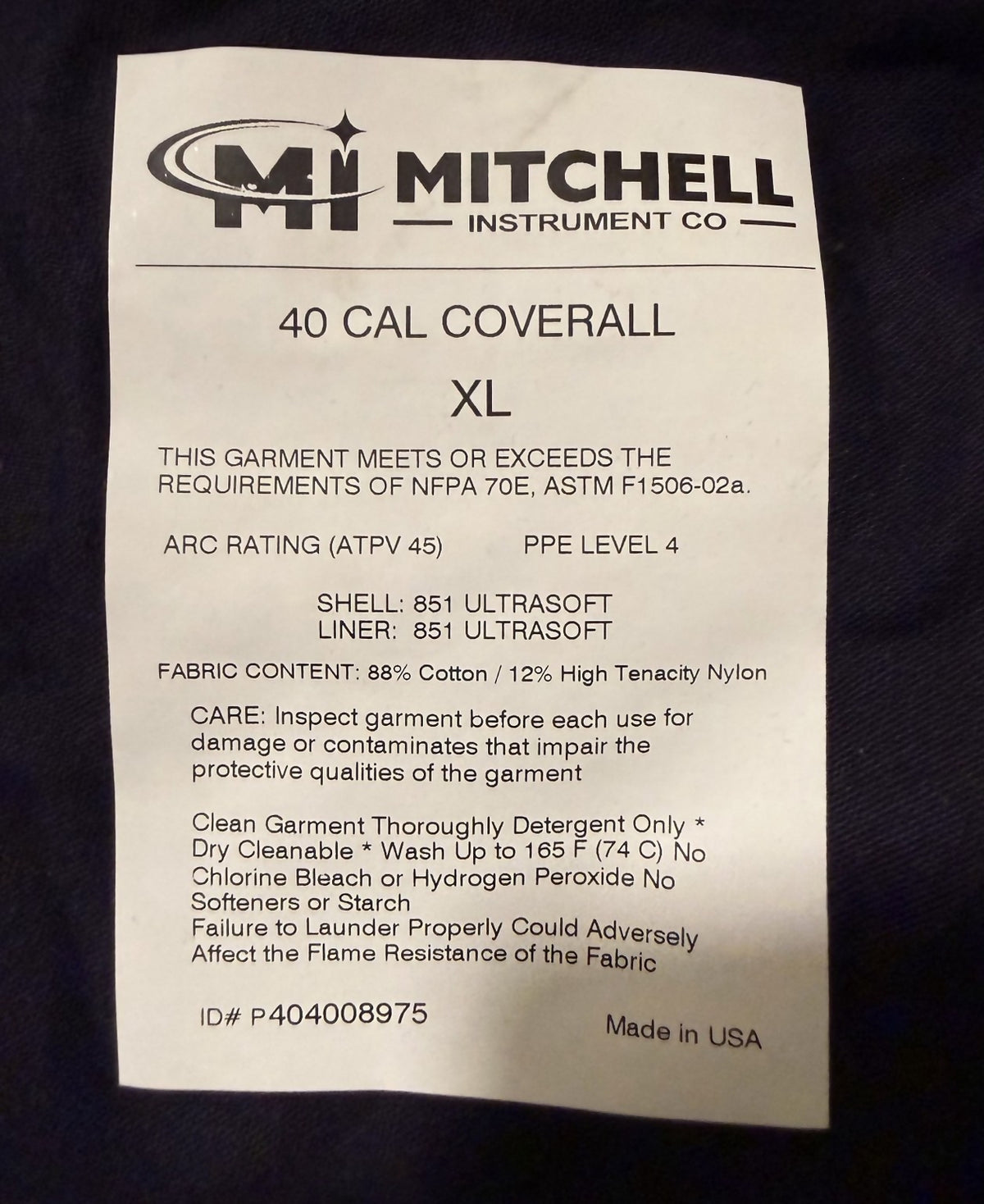 Mitchell Instrument Co. 40 Cal Arc Flash PPE Kit – XL – Level 4