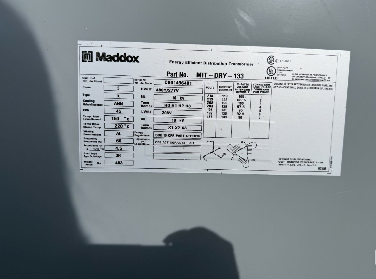 Maddox Energy Efficient NEMA 3R Distribution Transformer #CB01496481