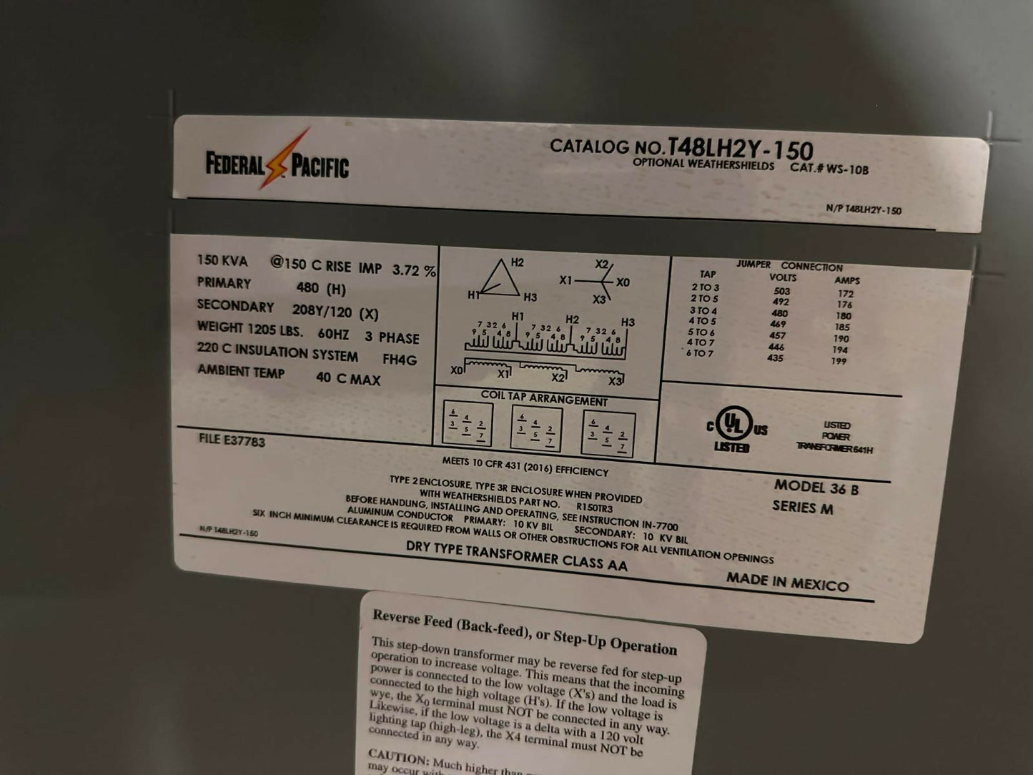 Federal Pacific Dry-Type Distribution Transformer – 150 kVA, 480V to 208Y/120V - Mint Condition
