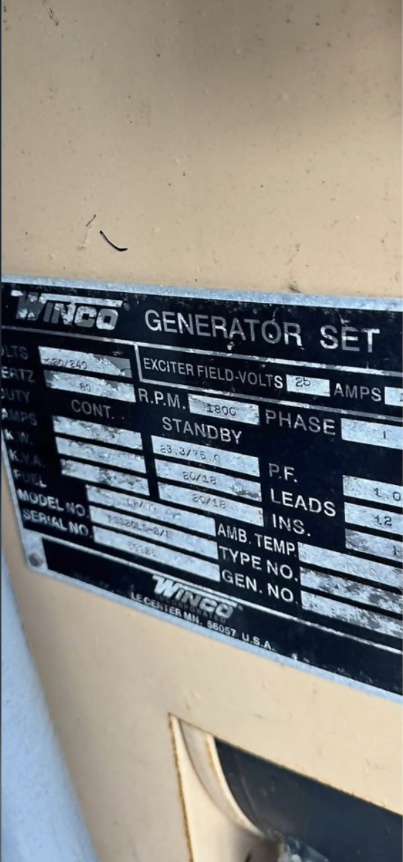 Winco 75 kVA / 83 kW Generator Set – 1 Phase – 1800 RPM
