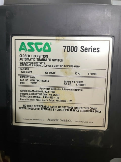 ASCO 7000 Series 1200A Bypass Isolation Automatic Transfer Switch 208V 3PH