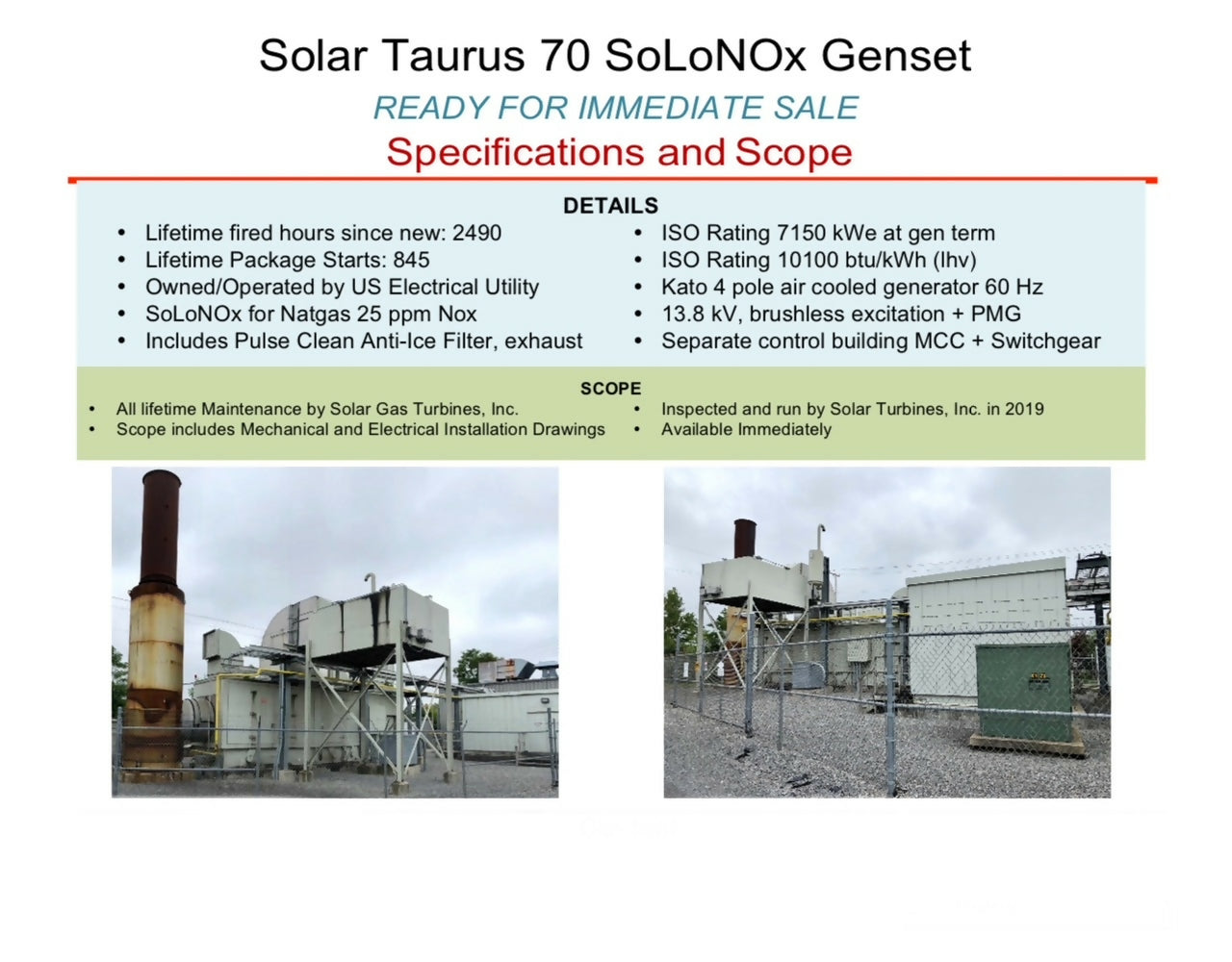 Solar Taurus 70 Gas Turbine Power Plant – 7.1 MW – Utility Maintained