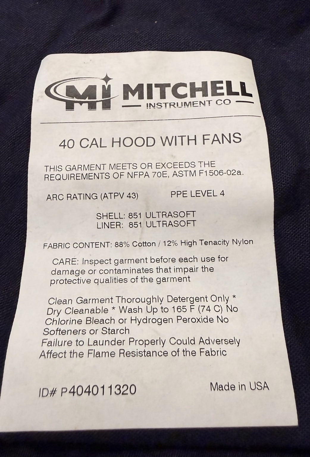 Mitchell Instrument Co. 40 Cal Arc Flash PPE Kit – XL – Level 4