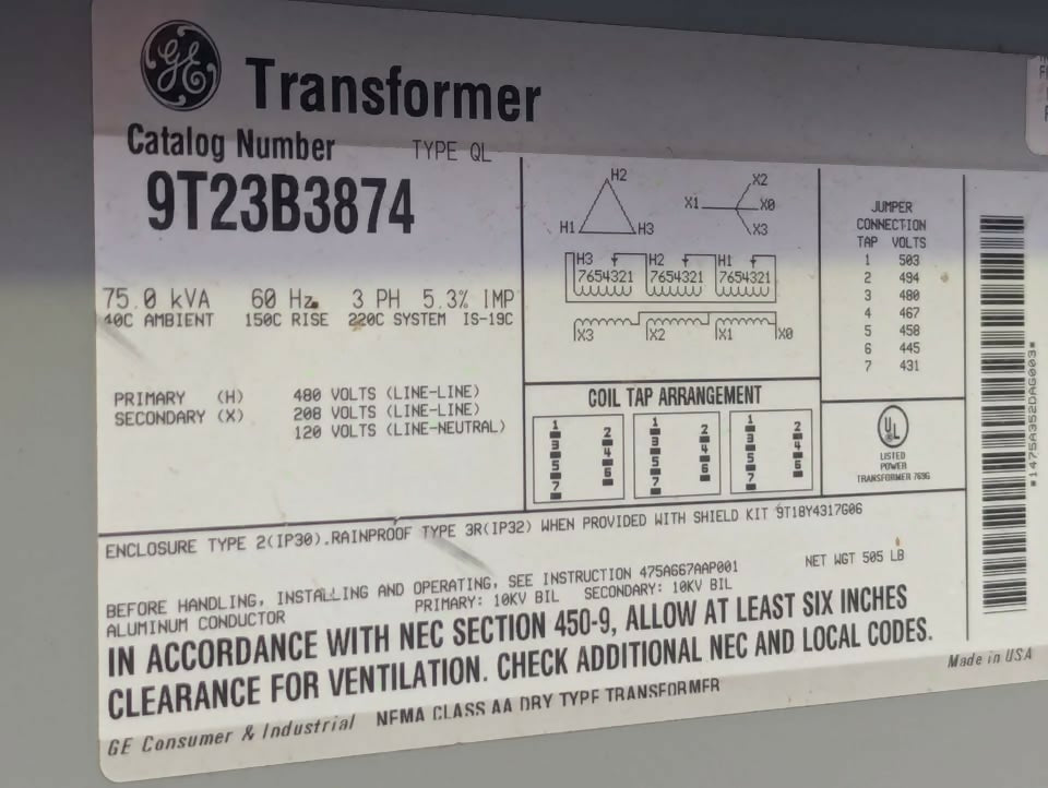 GE 9T23B3874 75kVA Transformer 480V 3-Phase w/ Siemens HF361 Safety Switch