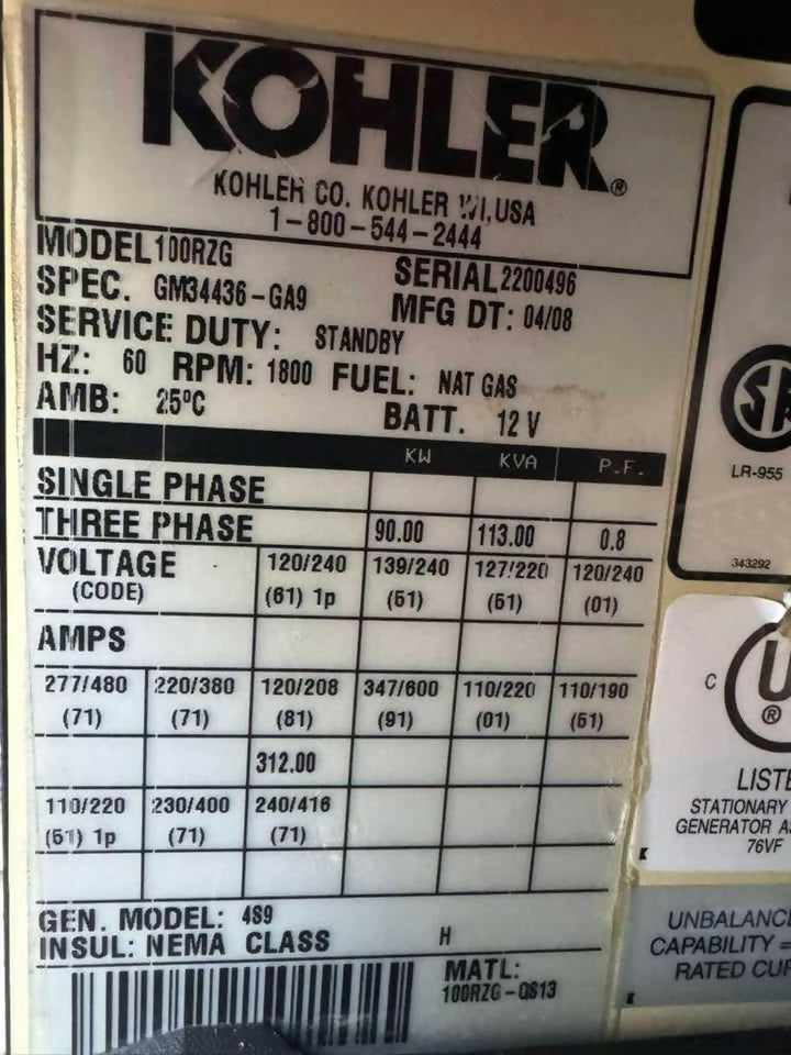 Kohler 100kW natural gas generator set with transfer switch (100RZG), used — Electrical Trader