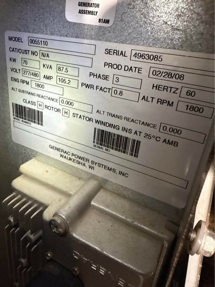 2007 Generac 70 kW Diesel Generator – 3 Phase – 480V – 242 Hours