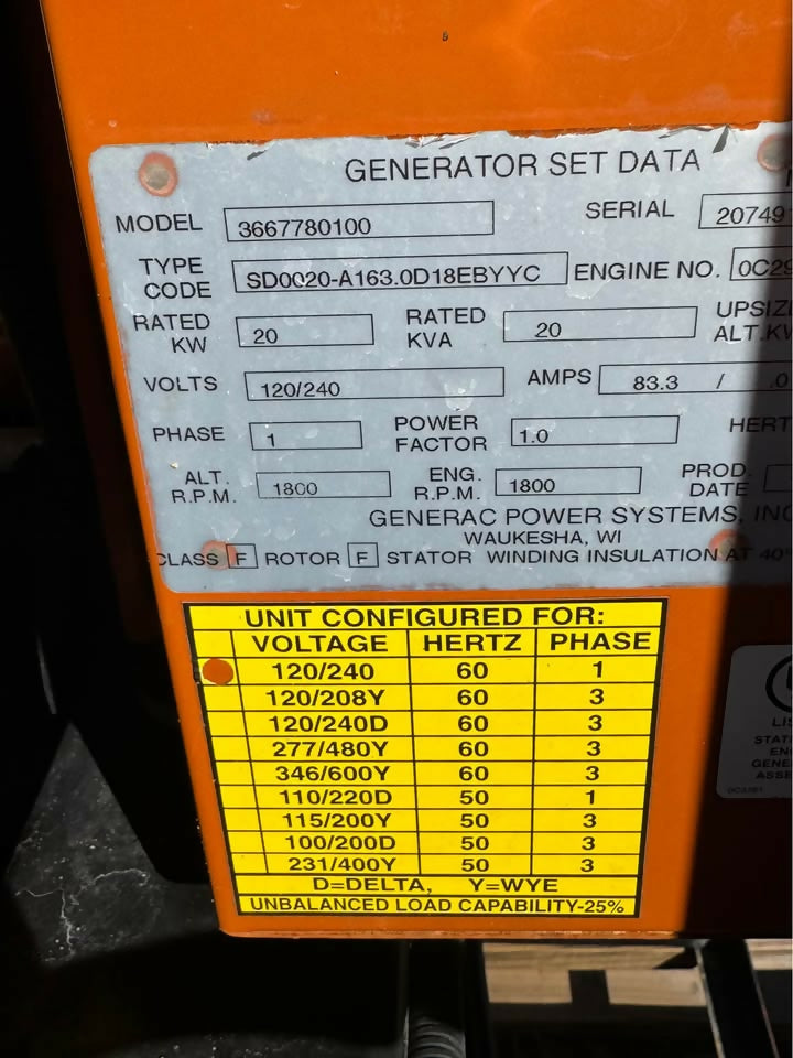 Generac 20kW Diesel Generator – 1 Phase 120/240V – Hyundai Engine – Load Bank Tested