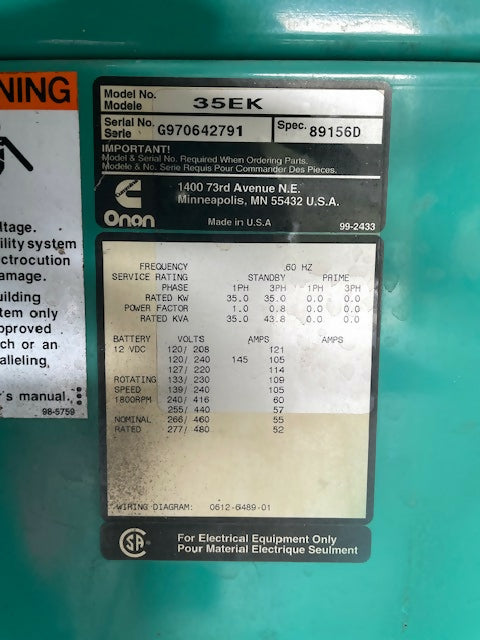 35kW Onan / Ford NG/LP Generator – Open Skid (3 Phase)