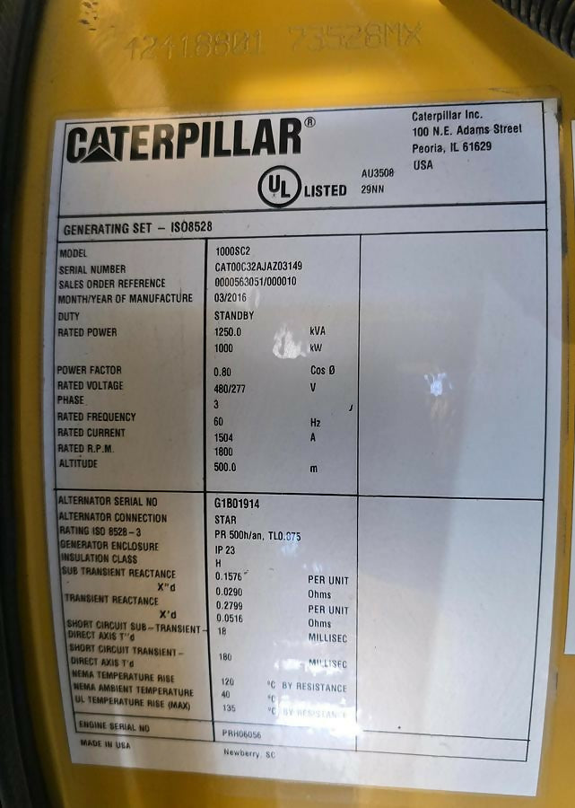 2016 Caterpillar C32 1000kW Diesel Generator Set – 480V 3-Phase – 42.6 Hours