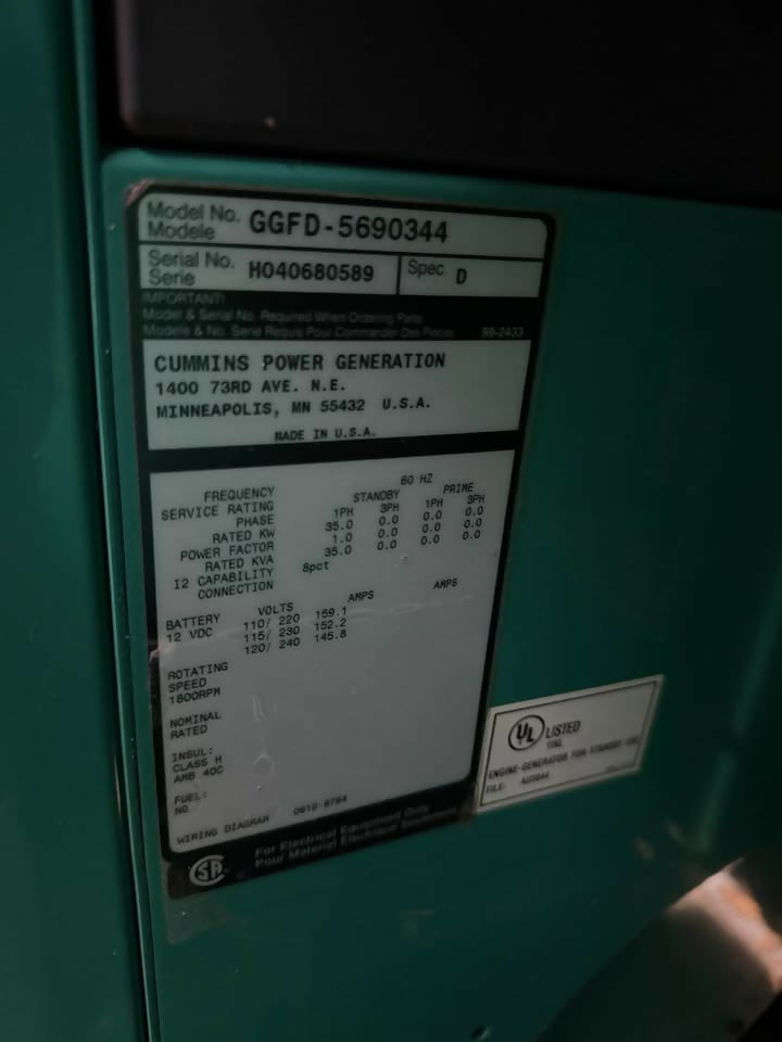 35kW Cummins Power Generation Generator – Ford Engine | NG/LP | Single Phase