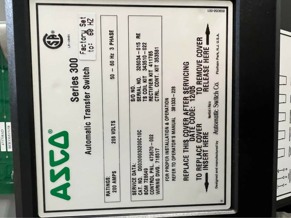 ASCO Series 300 Automatic Transfer Switch 200A 208V 3 Phase