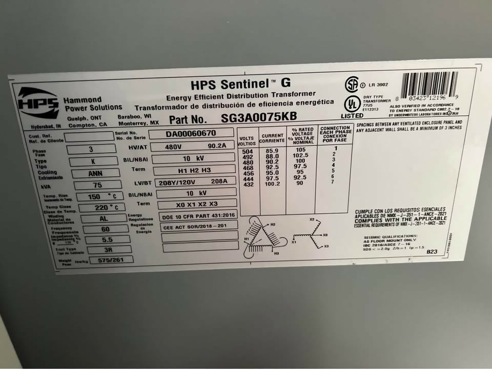 Hammond Power Sentinel G 75 kVA dry-type distribution transformer, 480V to 208Y/120V 3-phase, used — Electrical Trader