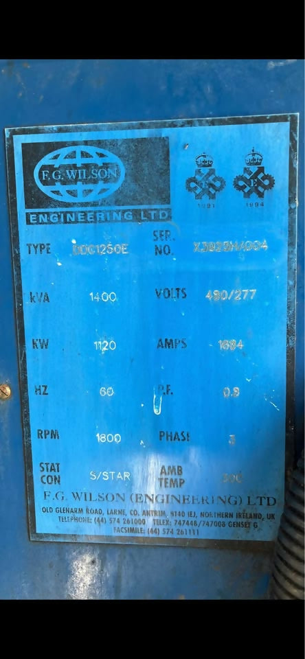 F.G. Wilson 1100 kW Diesel Generator – 12V149 Detroit – 480/277V – Containerized