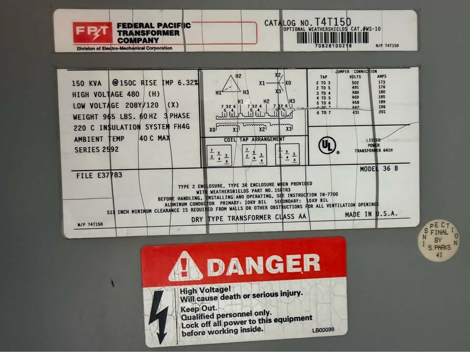 Federal Pacific 150 kVA Dry-Type Transformer – 480V to 208Y/120V, 3 Phase, Model T4T150