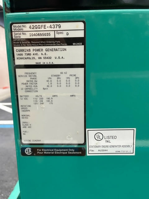 42kW Cummins Onan NG/LP Generator – Open Skid (Low Hours)