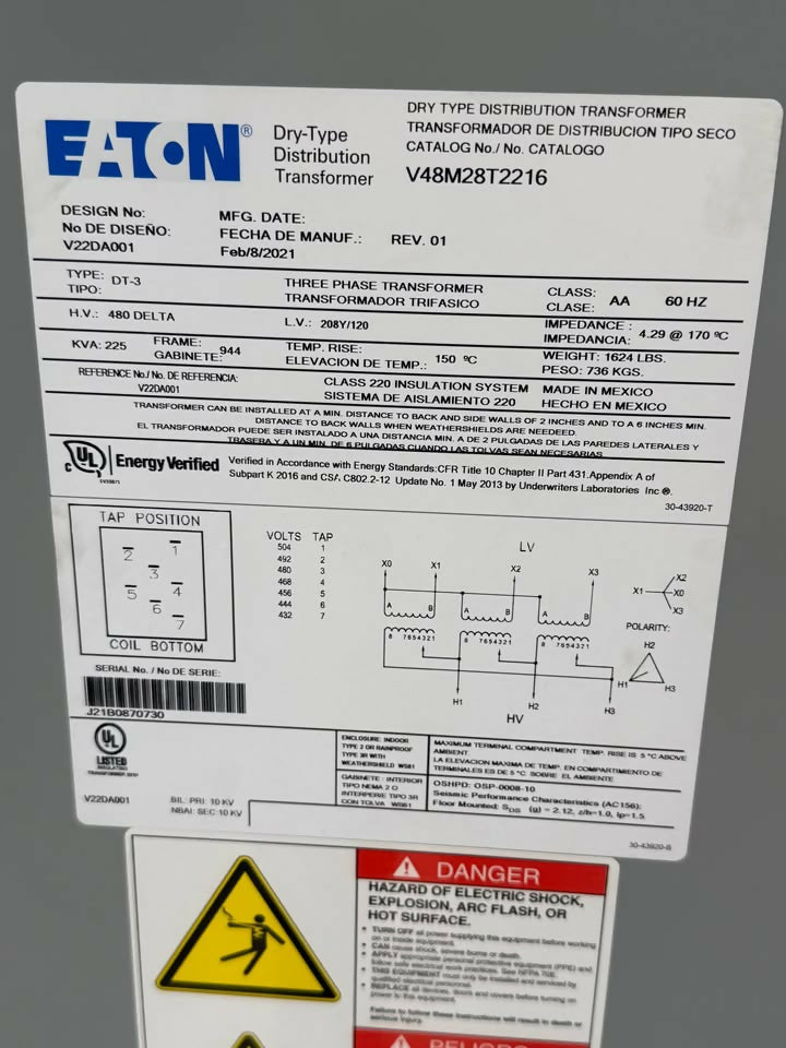 New Eaton 225 kVA Dry-Type Distribution Transformer 480V Delta to 208Y/120V 3 Phase