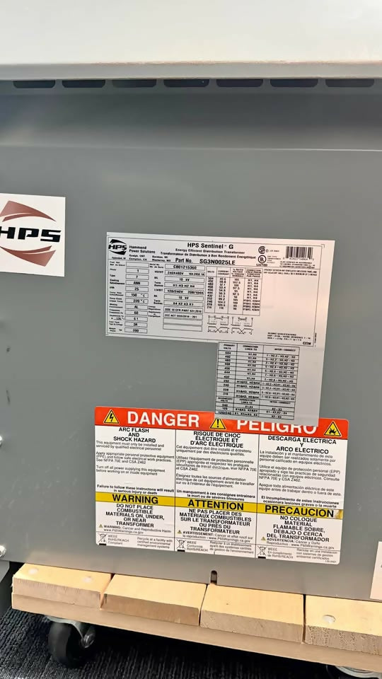 Hammond Power Sentinel G 25 kVA dry-type distribution transformer, 480V to 208Y/120V (SG3N025LE), new (2024) — Electrical Trader