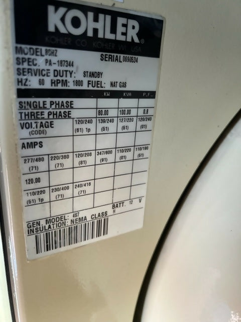 80kW Kohler / Ford NG-LP Generator – Pritchard Brown Enclosure (Low Hours)
