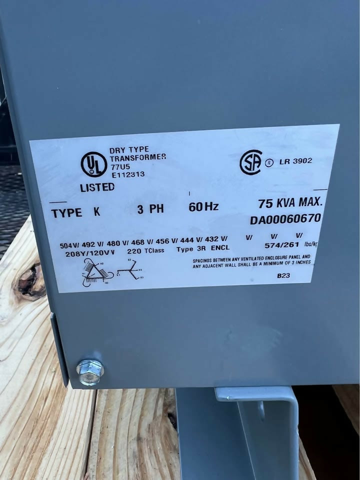Hammond Power Sentinel G 75 kVA dry-type distribution transformer, 480V to 208Y/120V 3-phase, used — Electrical Trader
