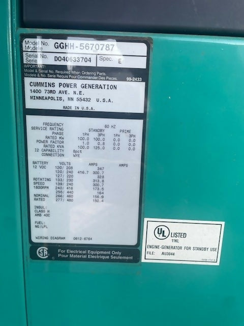 100kW Cummins NG/LP Generator – Model GGHH (2005, Low Hours)