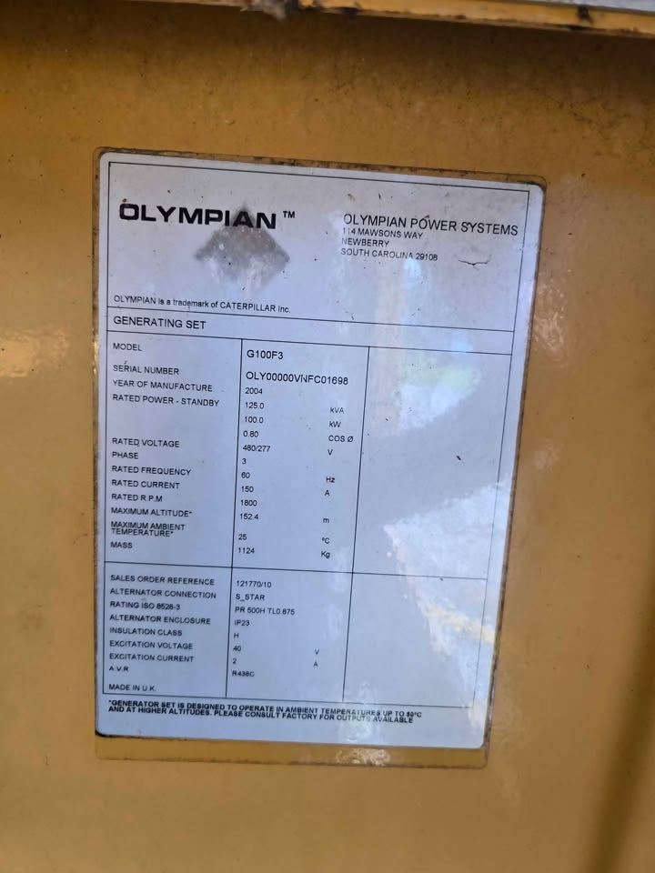Olympian G100F3 Natural Gas Generator – 100 kW – Low Hours – Used