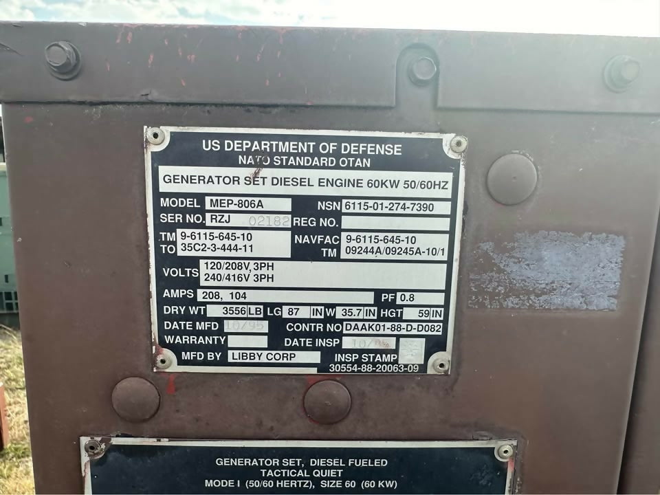 MEP-806A 60 kW Diesel Generator Set – Military Tactical Quiet – Low Hours